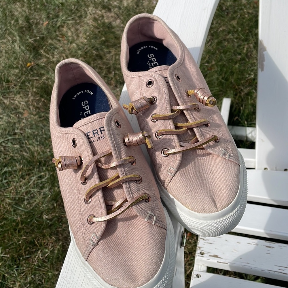 Sperry- sparkly pink-taupe Topsider canvas sneakers w/memory foam - W size 7